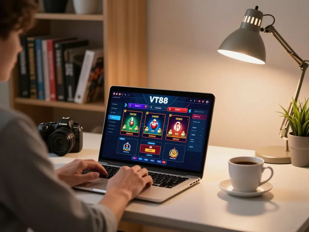 Engaging in online gaming at VT88 with a laptop showcasing casino games and cozy home decor.