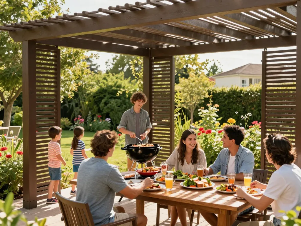 Family gathering under a pergola configurator in a vibrant garden setting.