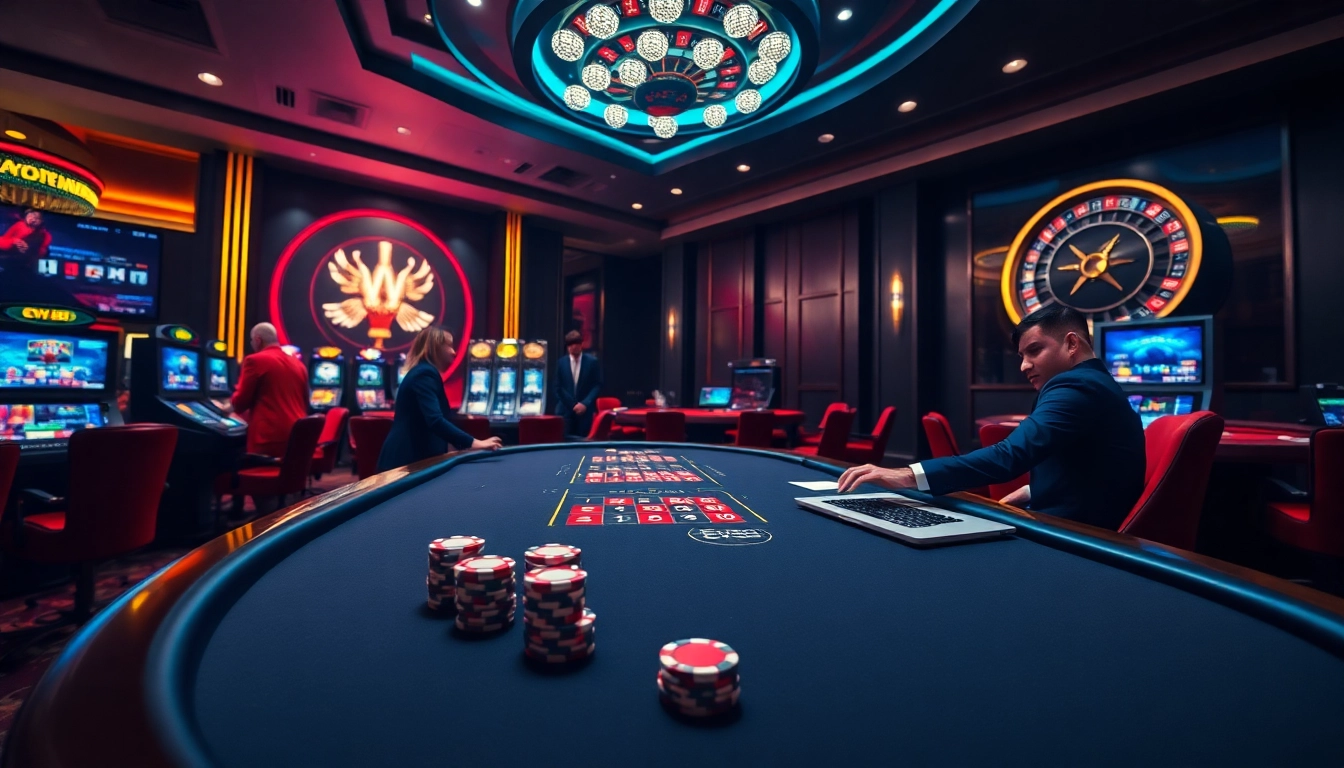 Exciting Ev88 casino scene showcasing vibrant gaming tables and professional dealers.