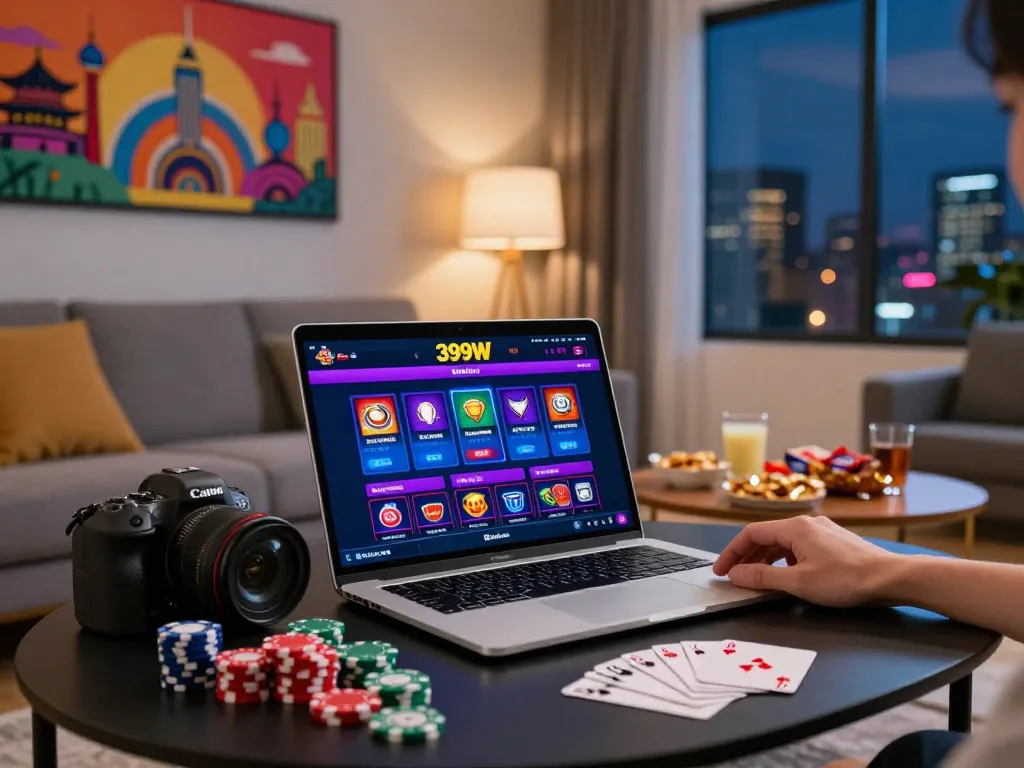 Engaged user exploring the 399W online betting platform in a cozy home setting.