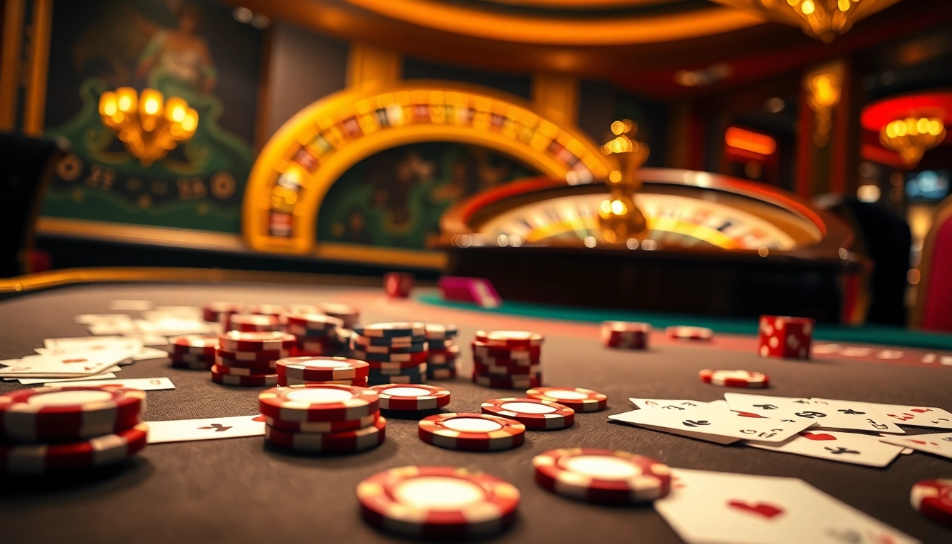 Experience the thrill of winning at 98win with a luxurious poker table and roulette wheel scene.