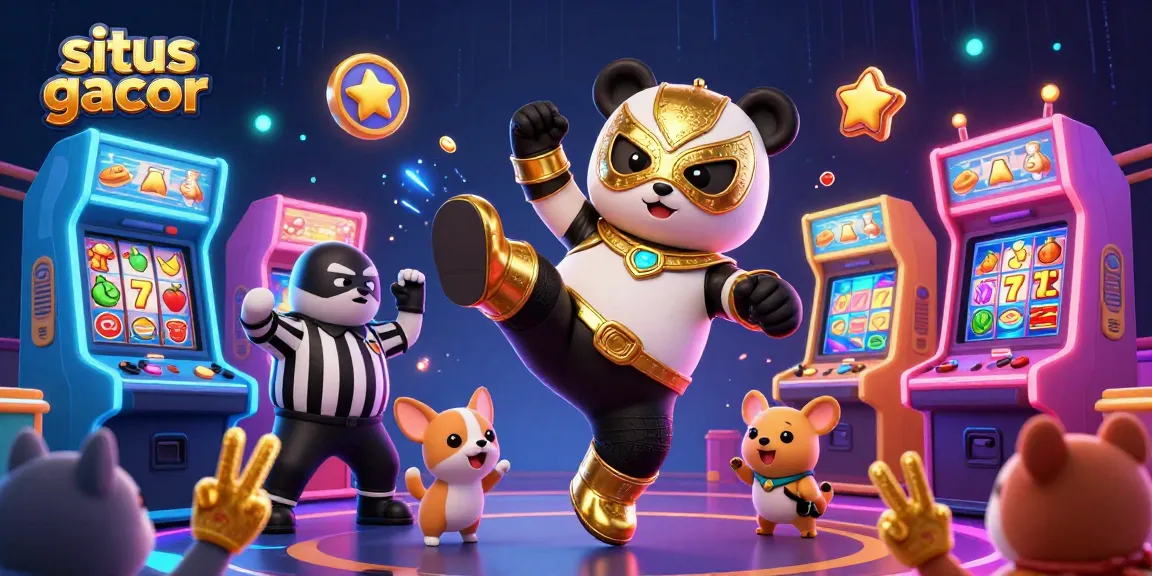 Engage with situs gacor as a panda wrestler performs a kick amidst vibrant slot game elements and cheering animal fans.