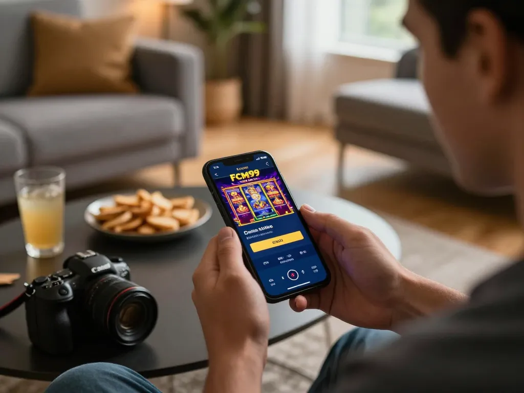 Player using FCM99 login on smartphone to enjoy online casino games in a cozy home setup.