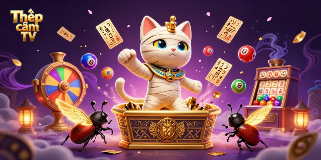 Engage with Thập cẩm TV as the mummy cat and scarab beetle create a dynamic casino scene.