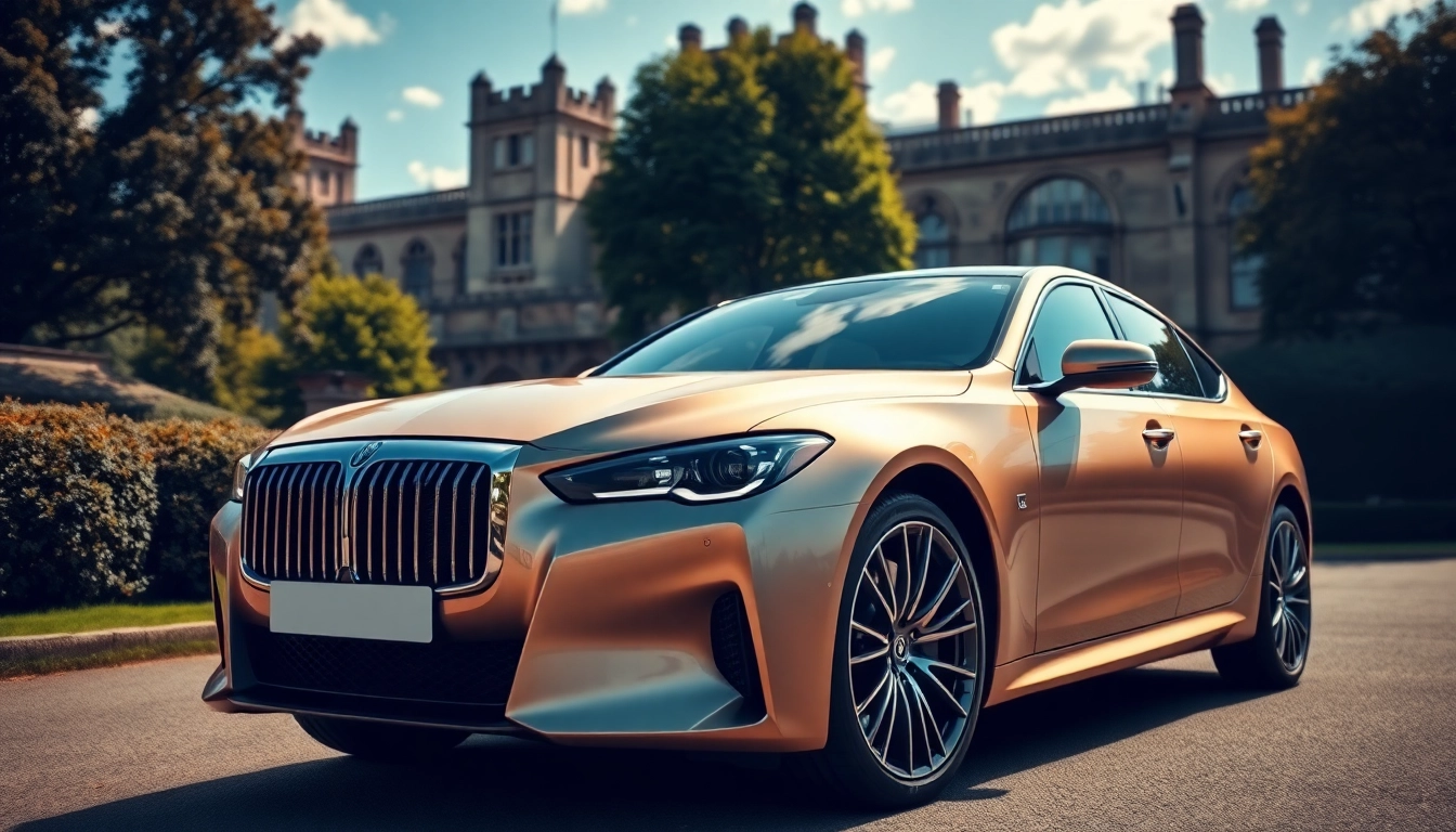 Windsor luxury car showcased amidst historic architecture and lush greenery.