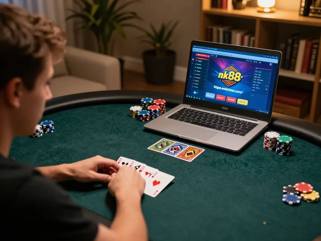 Player engaged in strategic gameplay at https://nk88net.com/ using laptop for an exciting online poker session