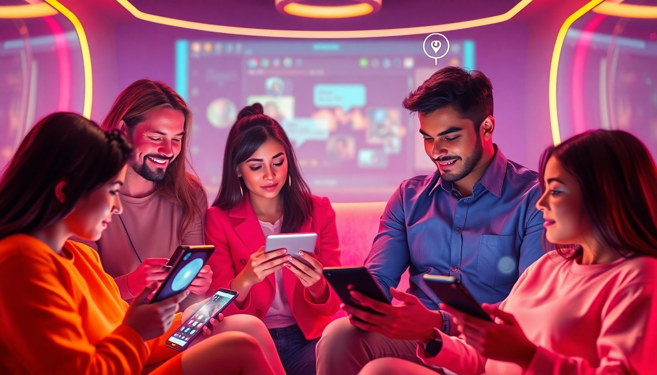 Engaged users exploring NSFW chat AI interactions on modern devices surrounded by vibrant digital elements.