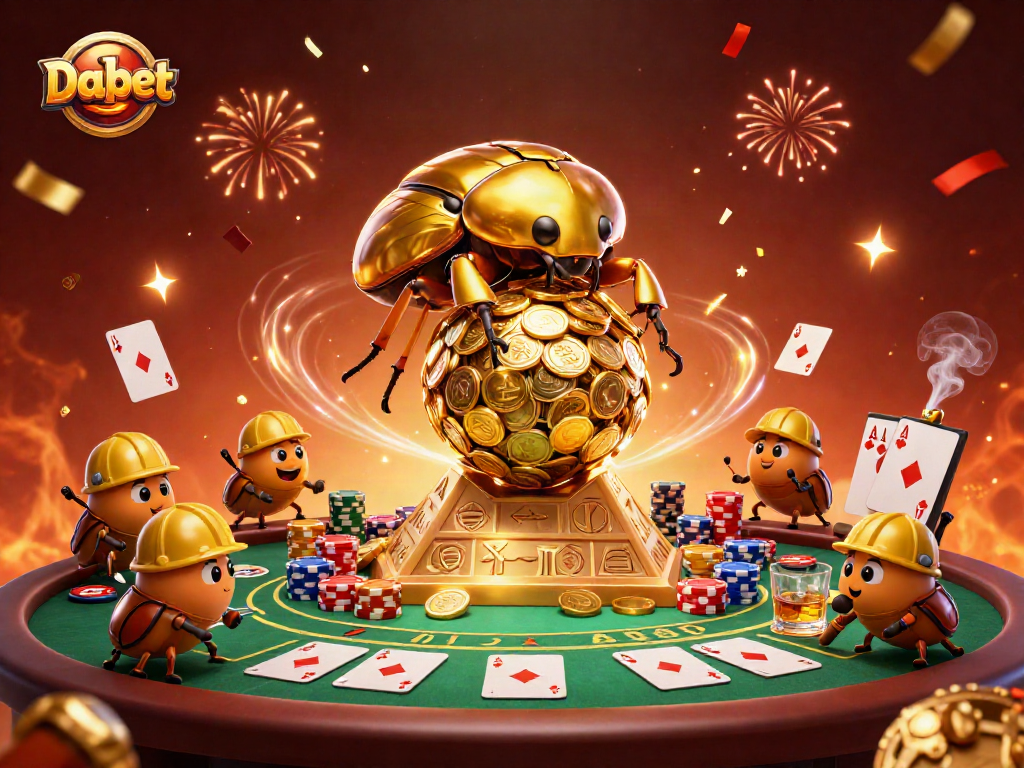Dabet showcases a golden beetle rolling coins while poker elements create an engaging casino atmosphere.