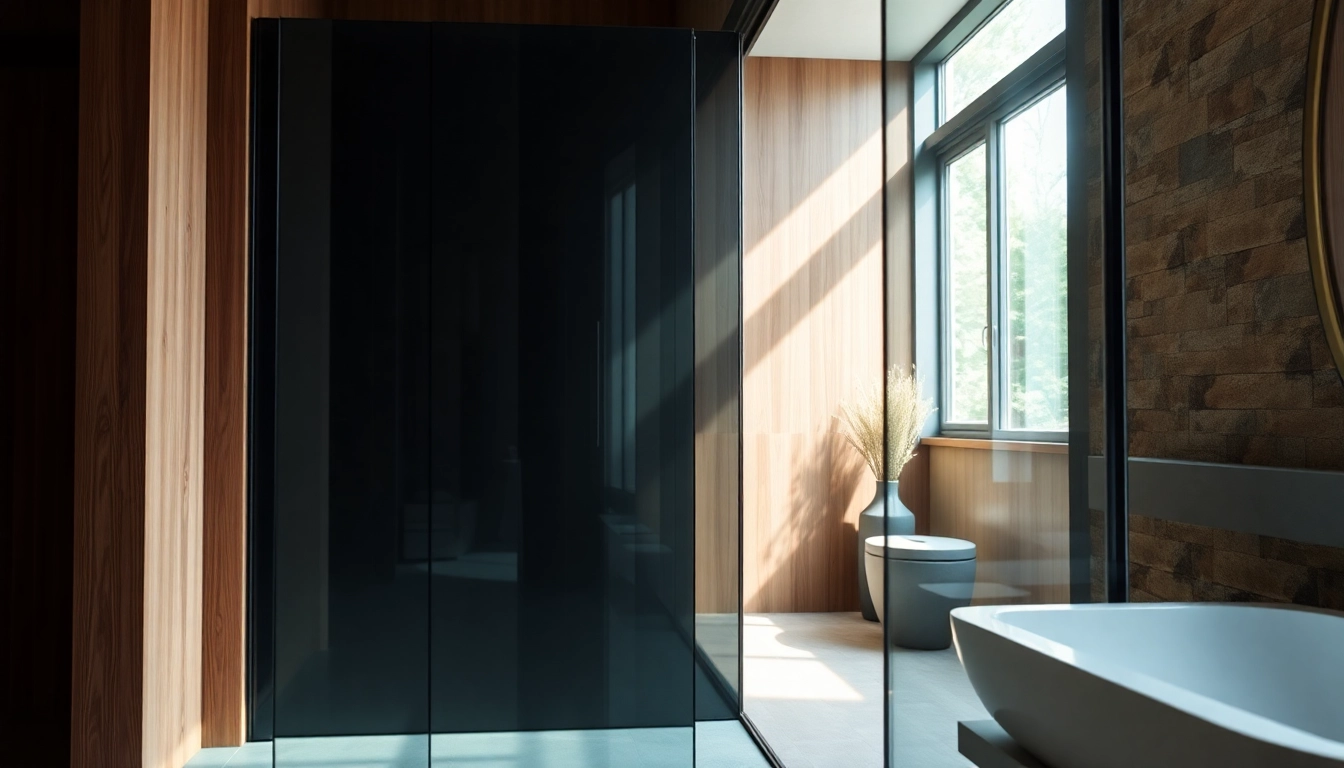 Stylish black shower door with sleek design enhances modern bathroom aesthetics.