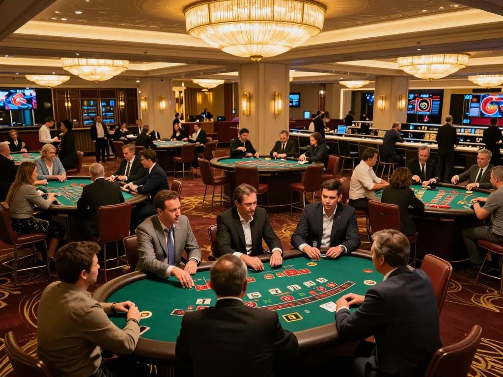 Crown88 players engaging in blackjack at an upscale casino with vibrant decor and warm lighting.