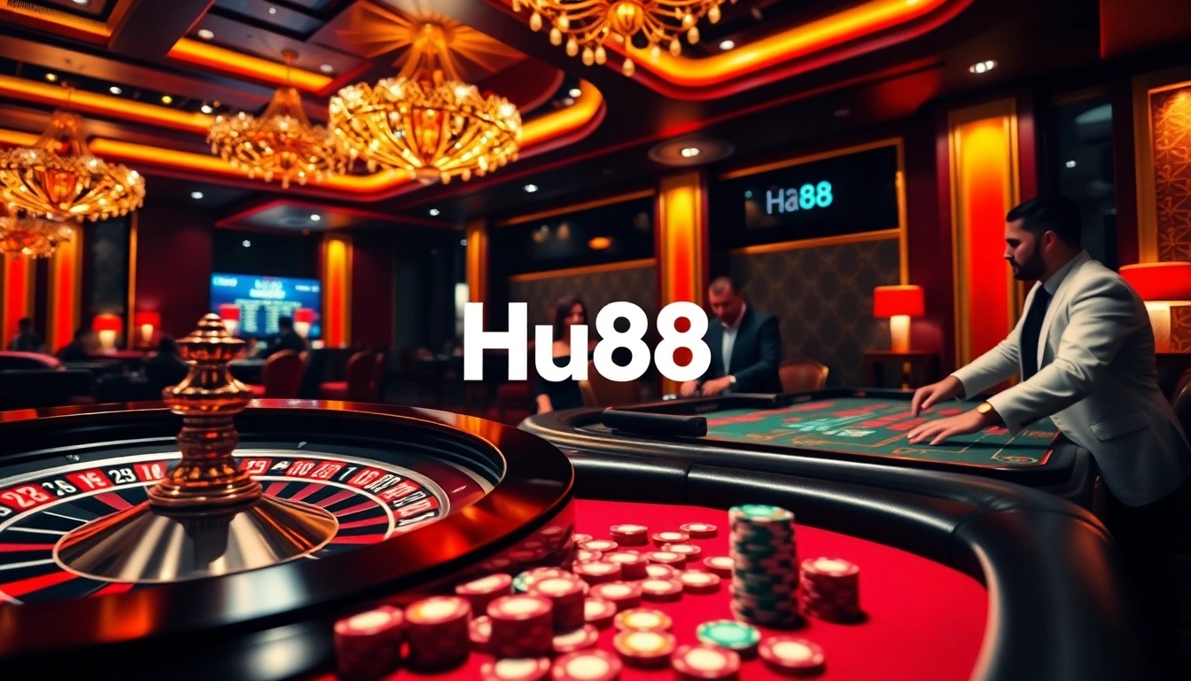Experience excitement at Hu88 with vibrant casino tables, engaging players, and dynamic gambling action.