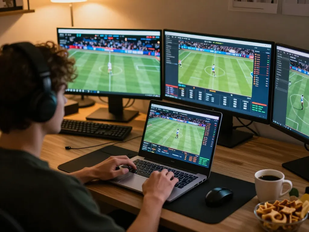 Engaging in sports betting on FUN79 bet through a modern online gaming setup with multiple screens