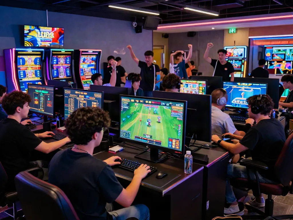 LU88 online gaming lounge with diverse players thrilling in slot games and live sports betting.