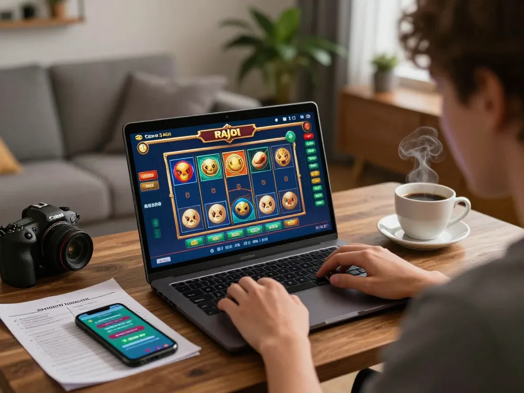 Engaging gameplay on raja slot with a focused player at home, highlighting the online casino experience.