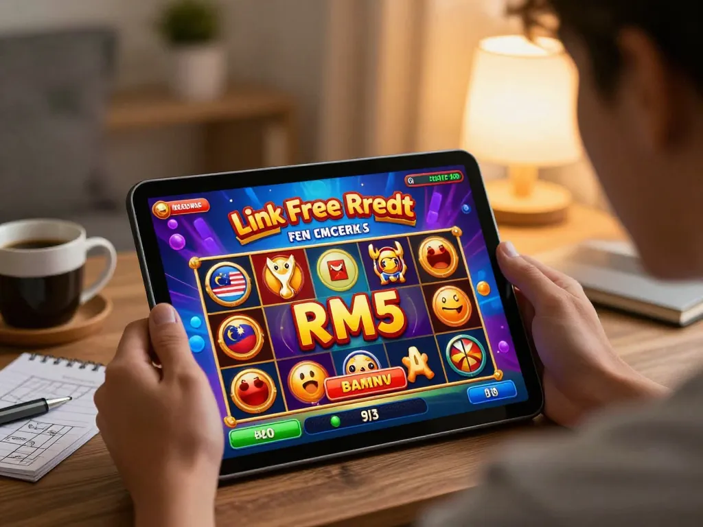 Celebrating a win while claiming Link Free Credit RM5 Malaysia bonuses in a cozy home setting with a vibrant slot game.