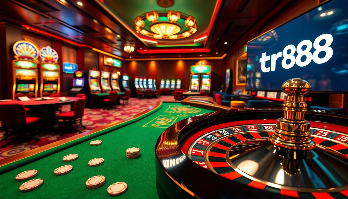 Experience thrilling gaming at tr88's vibrant casino featuring roulette wheels and slot machines.