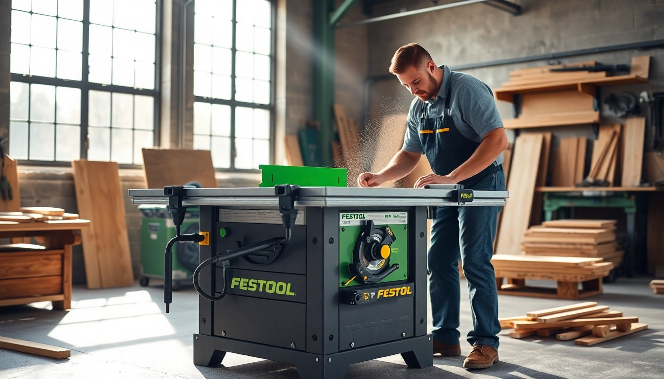 Carpenter operating a Festool table saw in a well-lit workshop.