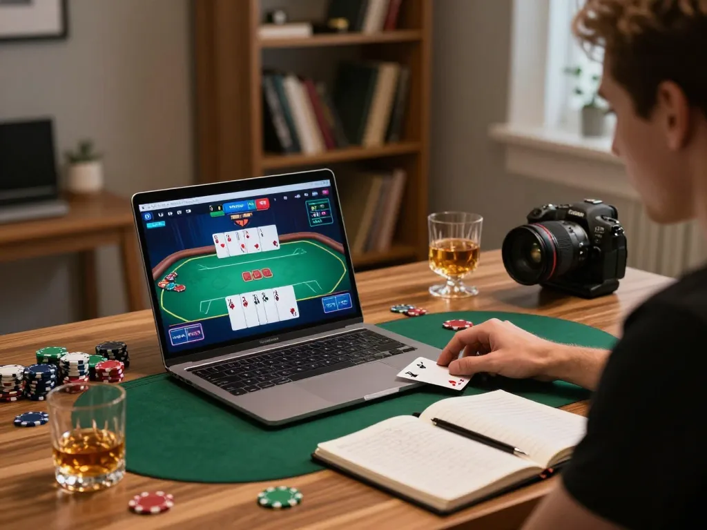 Engaged player using Go8 CAPITAL platform for an intense online poker session in stylish home office.