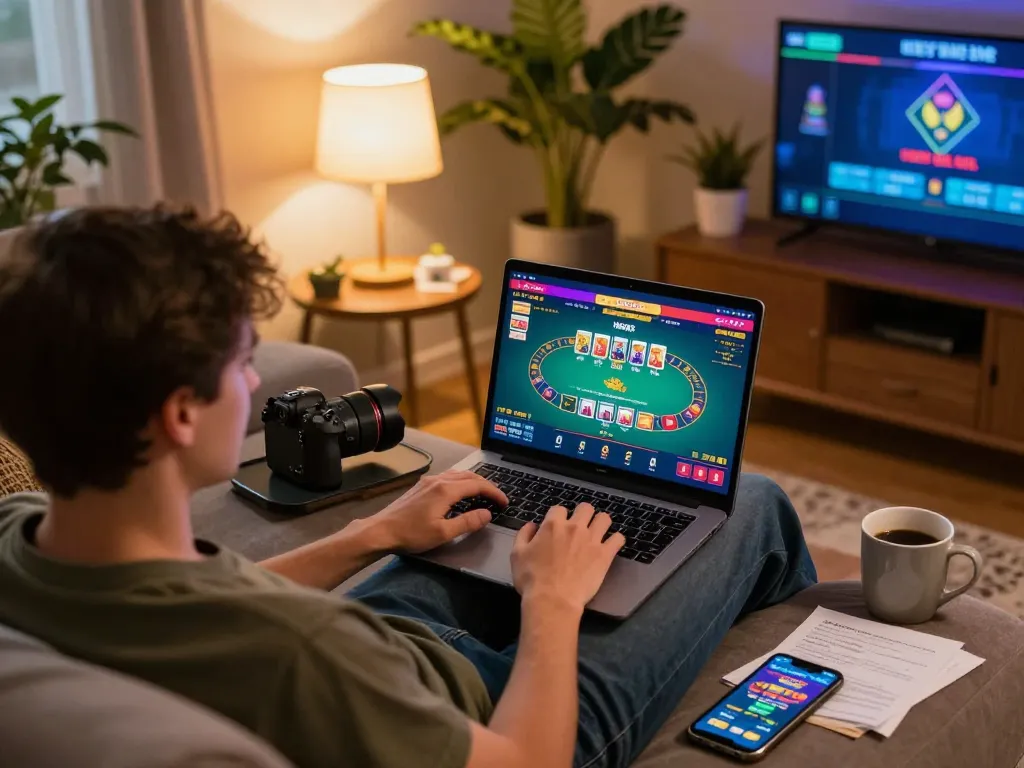 Engaging gameplay on 789bet's online casino as a player uses a laptop at home
