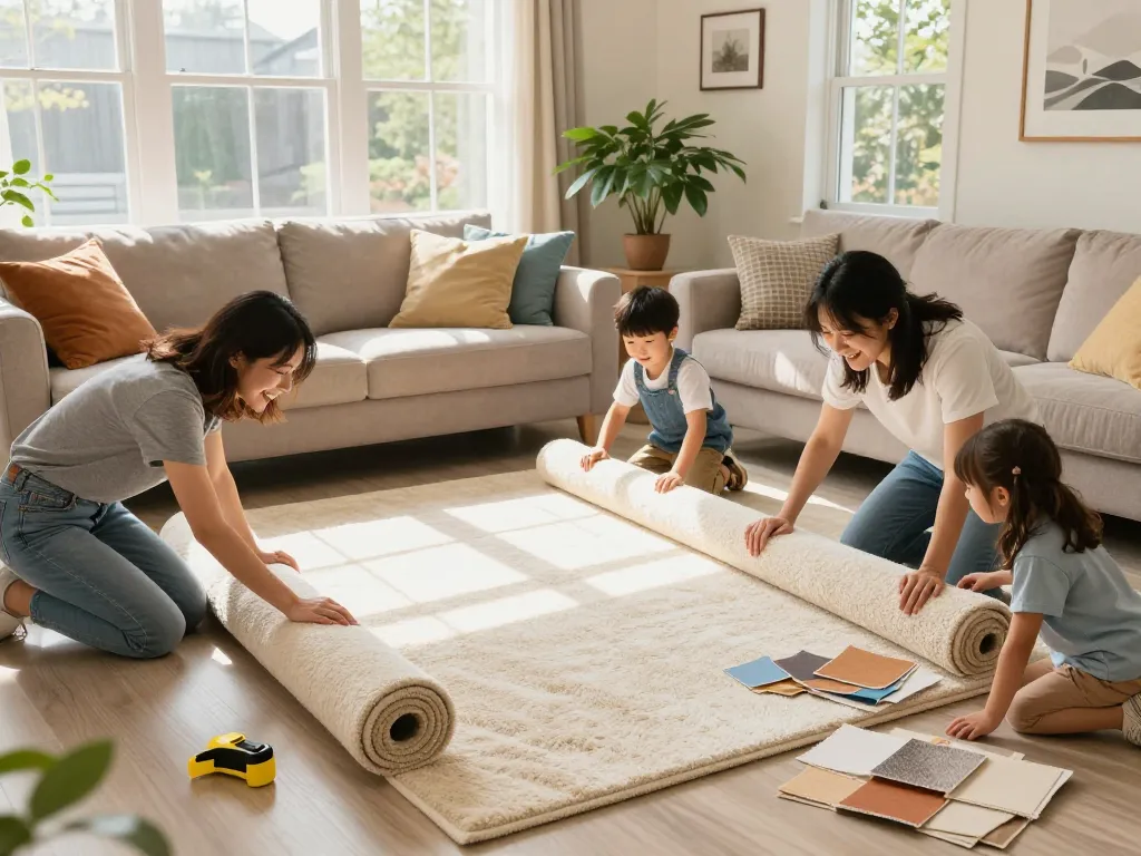 Family enjoying home carpet fitting services together in a bright living room