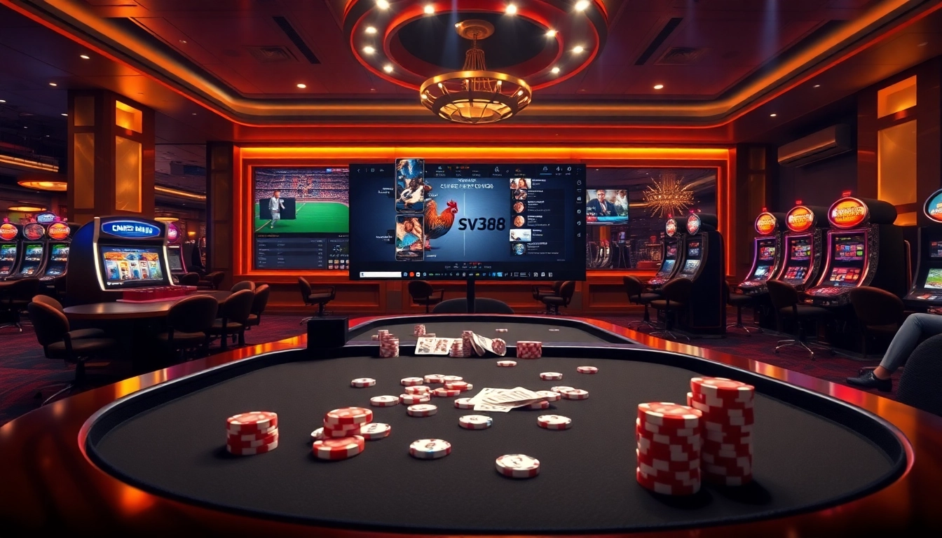 Engage with sv388 online casino atmosphere featuring vibrant gaming tables and thrilling cockfighting visuals.