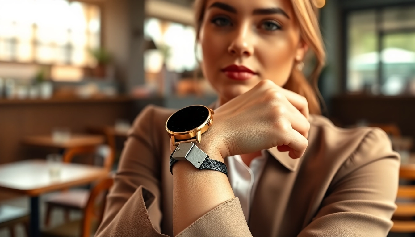 Admire the elegance of the Ladies Classic Smart Watch worn by a model in a vibrant café.