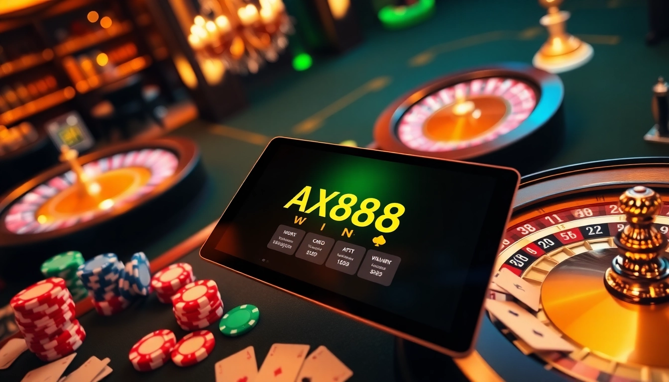 AX88 WIN online gambling interface surrounded by poker chips and roulette wheel.