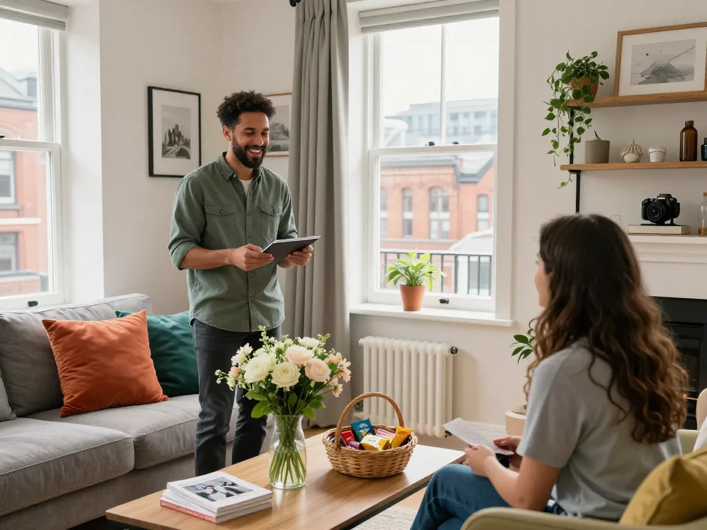 Comfortable living space showcasing airbnb management manchester, inviting natural light, and a friendly host welcoming guests.