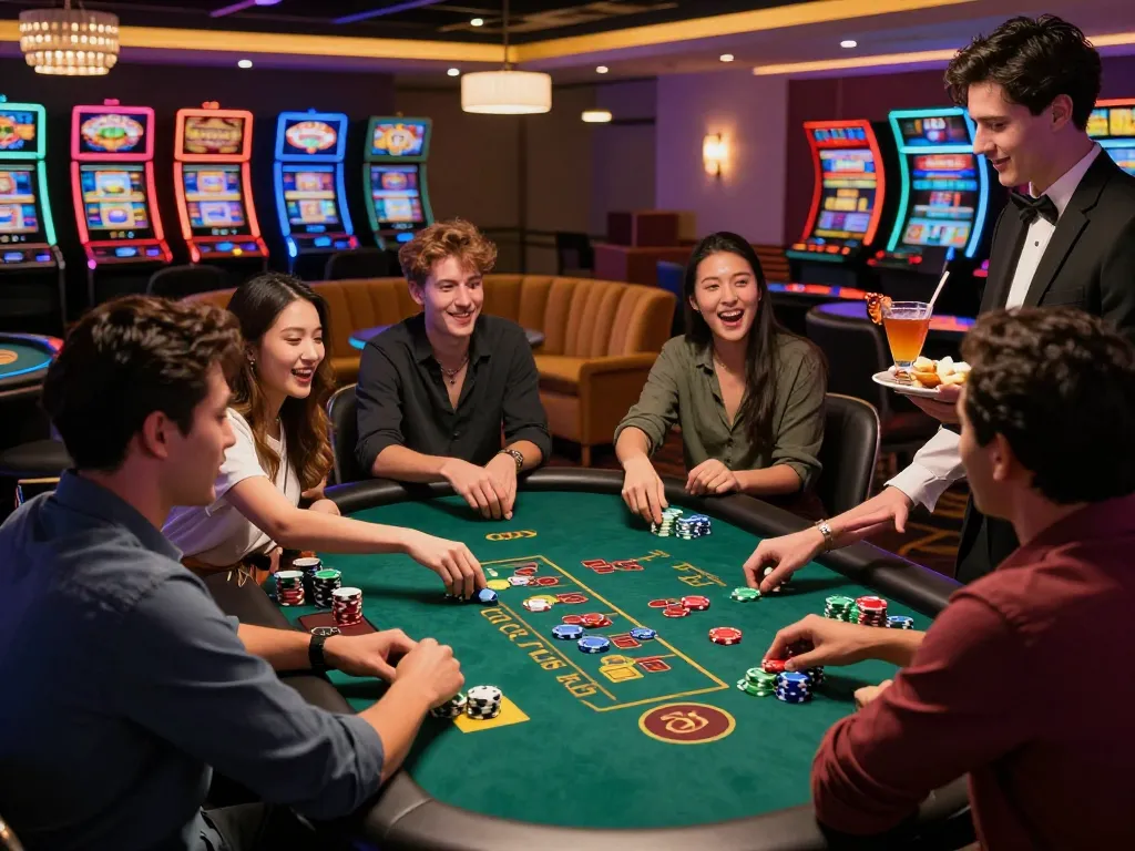 Group enjoying exciting game at nk88 casino filled with vibrant lights and lively atmosphere.