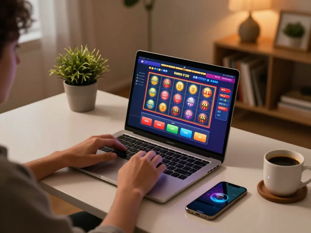 Sungaitoto user engaging with online slots on a laptop in a cozy home environment.