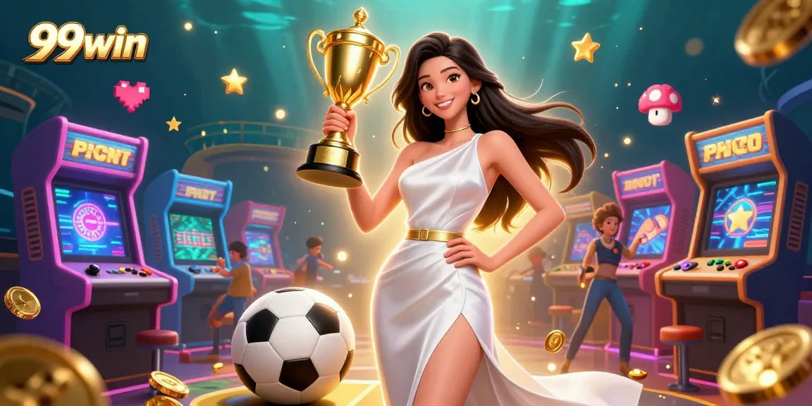 Win big with 99win as the confident Asian woman celebrates victory in an epic sports betting scene.