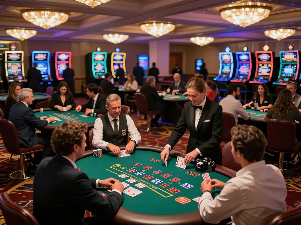 Players enjoying a thrilling blackjack game at 789pp casino, dealers handling cards in an elegant atmosphere