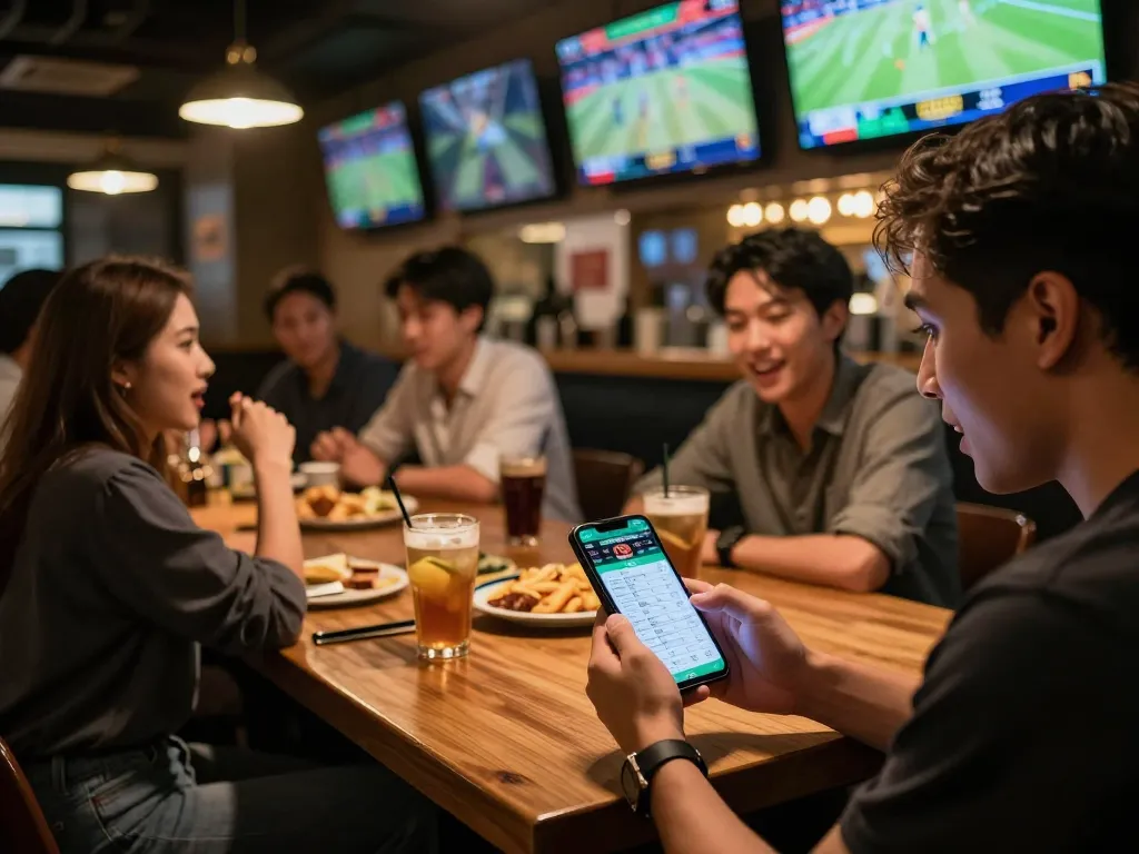 Placing sports bets through the keo nha cai app while friends celebrate in a lively sports bar