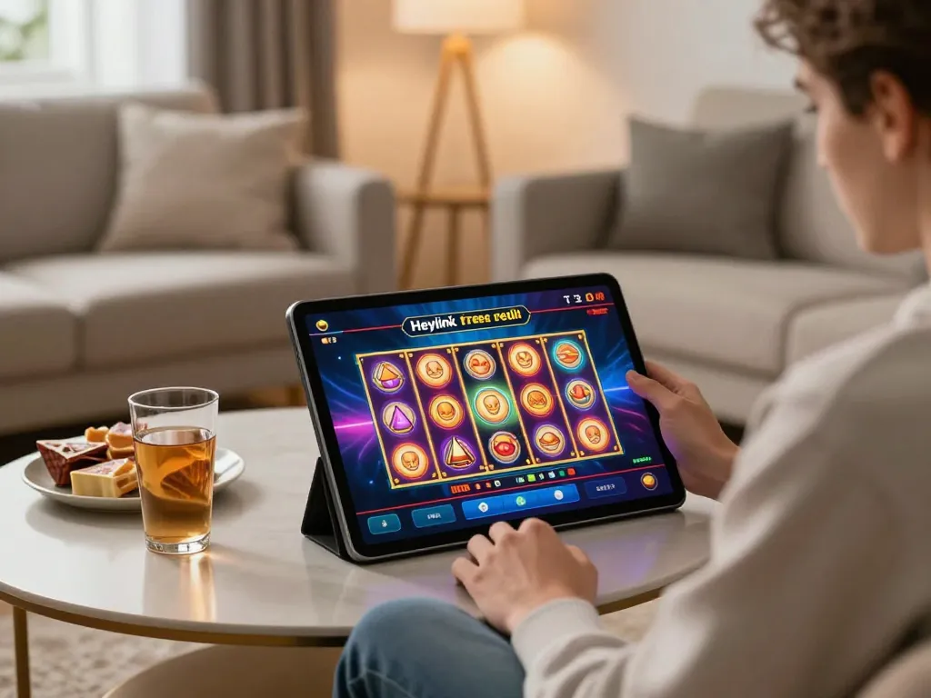 Engaging in online gaming with Heylink free credit 2026 on a tablet in a cozy living room.