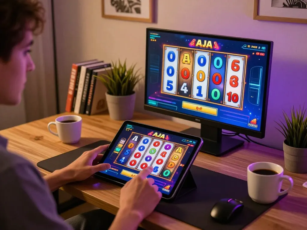 Pemain terlibat dalam permainan raja slot online di tablet, layar cerah menampilkan gulungan berputar dan grafik dinamis, kantor rumah yang nyaman