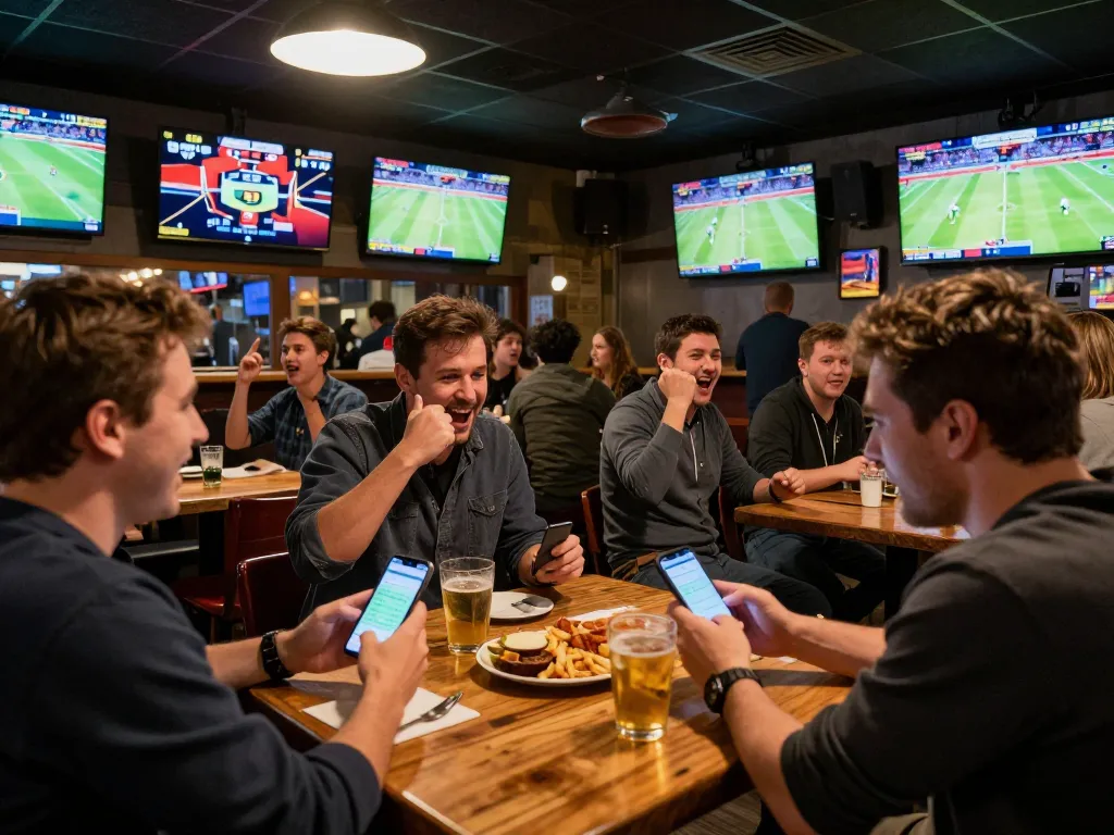 Engaging scene of sports betting with patrons cheering and using apps for tin soi kèo.