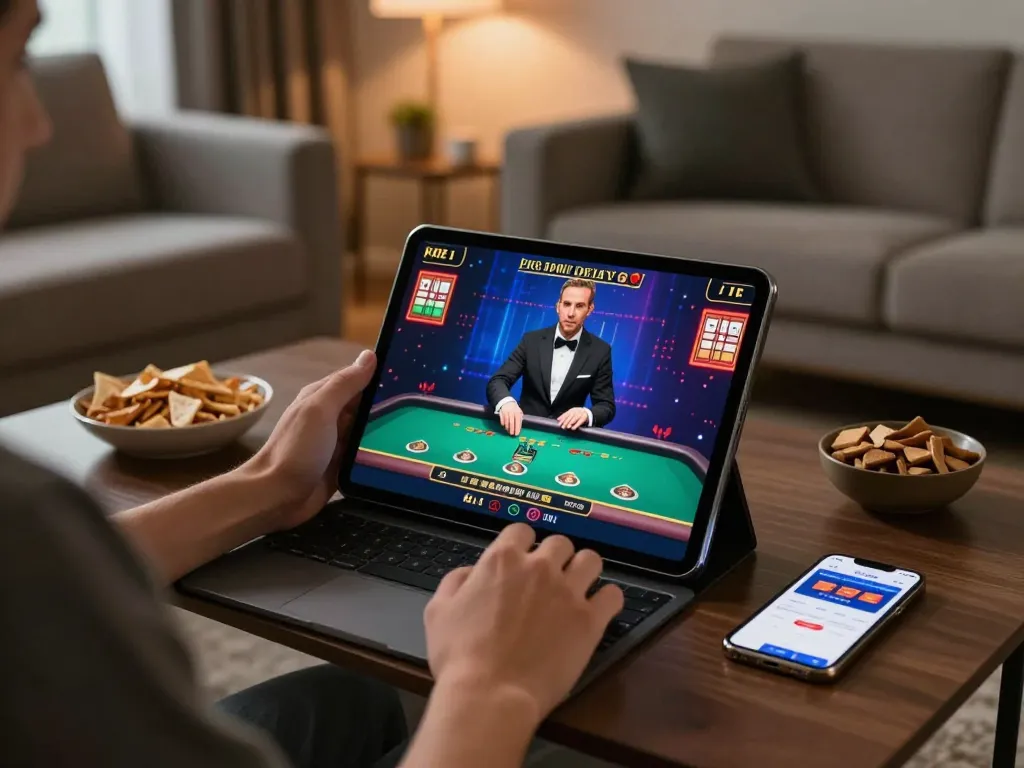 Engaging in online gaming at home with SC88 on a tablet, showcasing a responsible gaming atmosphere.