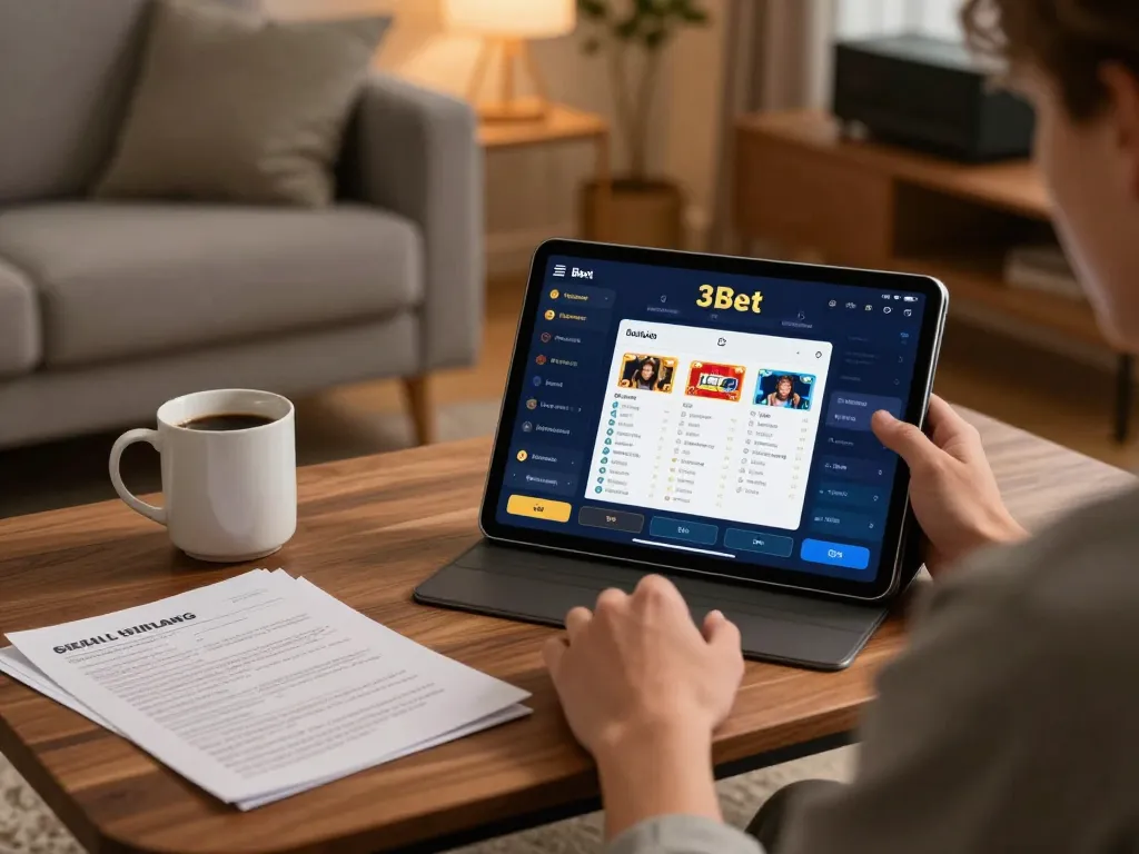Player using the 3Bet app on a sleek tablet in a cozy, stylish living room while developing strategies.