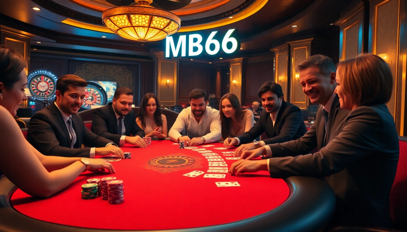 Players engaging intensely at a luxurious poker table featuring MB66-themed poker chips.