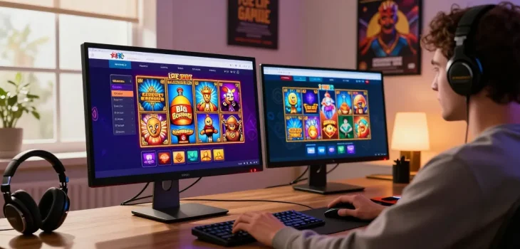 Player enjoying popular slot games on credit card casino sites in a cozy home office.