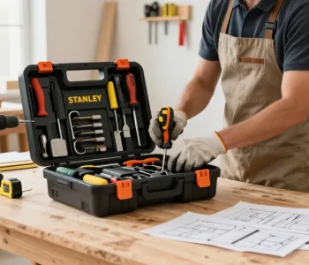 Organizing a stanley rolling tool box filled with hand tools in a bright workshop.