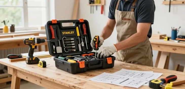 Organizing a stanley rolling tool box filled with hand tools in a bright workshop.