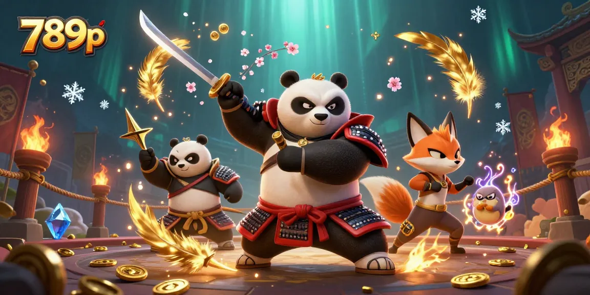 Engage with thrilling 789p gaming action featuring samurai panda, ninja fox, and magical tanuki in dynamic casino scene.