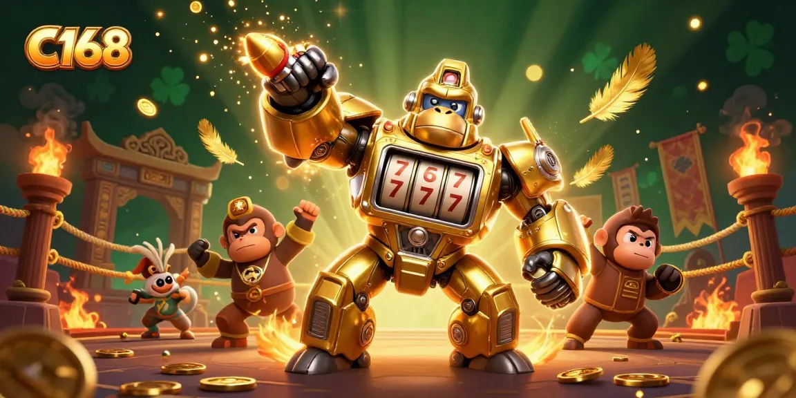 C168 engages players with a dynamic 3D casino scene featuring a golden gorilla mech bursting with coins, showcasing a thrilling gambling atmosphere.