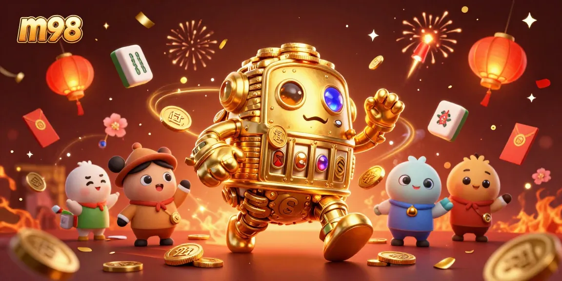 Engage with m98's thrilling golden golem amidst dazzling casino visuals and festive elements.